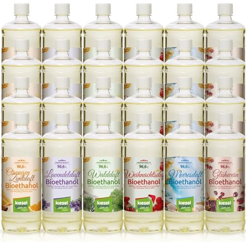 KiselGreen bioetanol, luktfri 24 x 1 liter, set för etanolkamin – premium ekologisk etanol öppen spis, inomhus eller bioetanol, bordseld ... (mix 1 (apelsin/kanel, lavendel, skog, jul, hav, glöggvin))