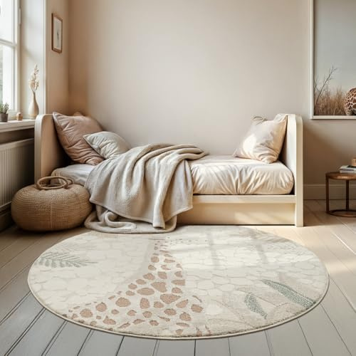 the carpet Jungle Kids - Rug for children’s room, kids’ rug, 3D effect, easy to care for, durable, Giraffe, 120 cm Round