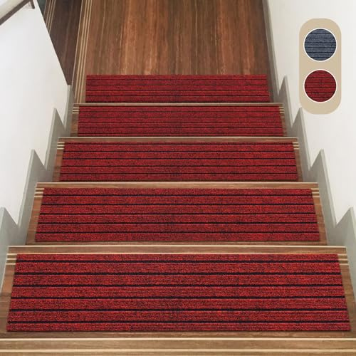 IGTOPS Alfombrillas para escalones interiores antideslizantes, 15 unidades, 22 x 70 cm, poliéster TPE, para niños, ancianos y mascotas (rojo con rayas)