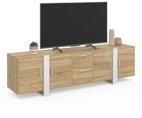 IDMarket - Meuble TV 180 cm Phoenix 4 Portes + 2 tiroirs Bois et Blanc