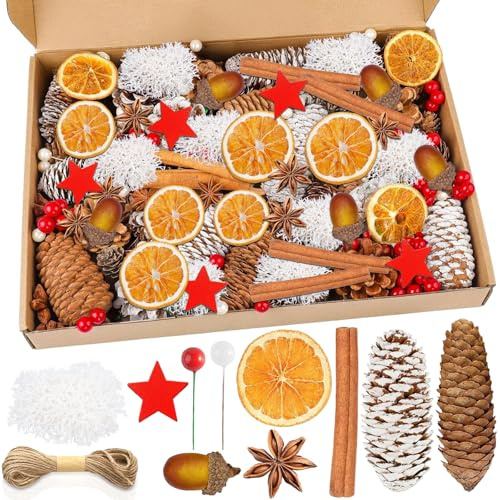 SaiXuan Set de Decoraciones de Navidad 117 Piezas – Materiales Naturales con Naranja Deshidratada, Canela, Piñas, Estrellas y Bayas, Decoración DIY para Coronas de Navidad, Mesa y Árbol
