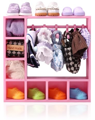 Puppengarderobe, 15,7x15,6x3,8cm Puppenkleiderschrank aus Kunststoff mit 7 Würfeln und 10 Kleiderbügeln zum Ordnen Kleidung Schuhen Hüten Allen Arten Puppenoutfits und Accessoires(Rosa)