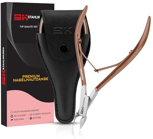 SK STAHLWAREN Pinzas para cutículas de oro rosa, 11 cm, acero inoxidable premium, versátil, con mango estable, extremadamente suave, corte afilado y liso, removedor de cutículas para el cuidado de las