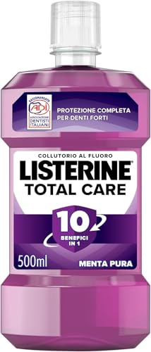 LISTERINE Total Care, Collutorio al gusto di Menta Pura, Collutorio al Fluoro con 10 benefici in 1 per una protezione completa e denti più forti, per un'igiene orale completa, 500 ml (Confezione da 6)