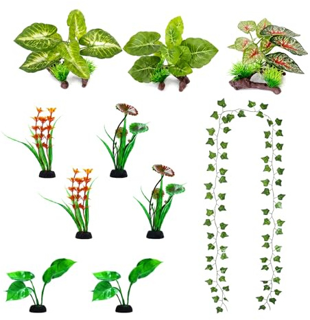 10Pcs Vivarium Decoration Set, Reptile Plants with Driftwood & 2.1m Vine | Plastic & Wood, Natural Habitat Terrarium for Tortoise/Snake/Leopard Gecko