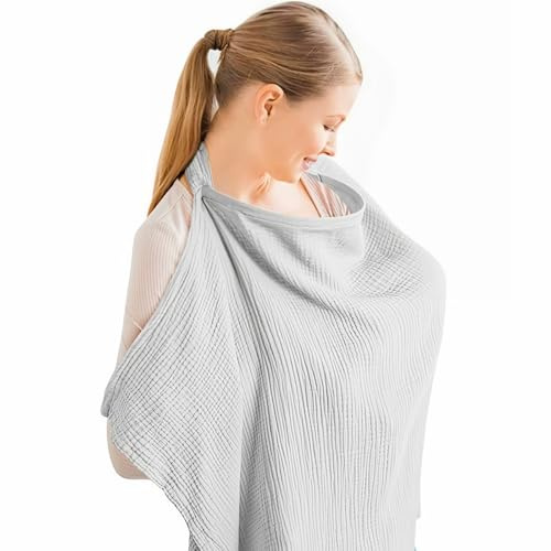 Jushion Nursing Cover for On the Go Nursing Scarf Nursing Apron, 360° Muslin Nursing Cover with Rigid Hoop, Breathable Cover for Breastfeeding Babies