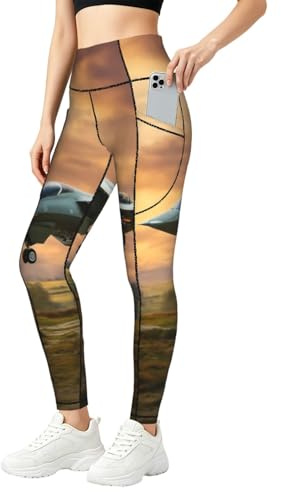 SABFWF Flygplan kämpe strålar tryck leggings för kvinnor, träningsset med fickor, för gym, fitness och vardagskläder, Svart, 3XL