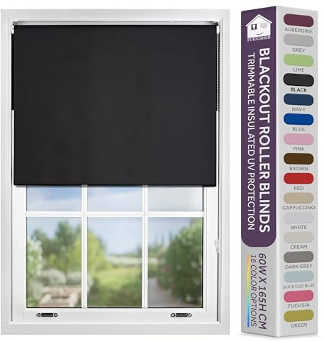 FURNISHED Store Enrouleur occultant avec ferrures métalliques Tissu Thermique Isolant Ajustable Supports Robustes faciles à Installer pour fenêtres - Noir, 145W x 165H cm