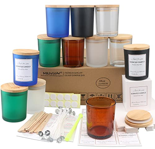 MILIVIXAY - Confezione da 12 barattoli per candele, in vetro multicolore, 295 ml, con coperchio e kit per la creazione di candele, vuoti, contenitori per spezie e polveri