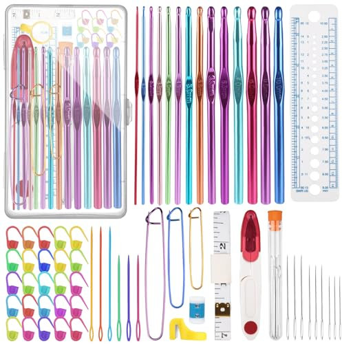 YINVA 59Pcs Crochet Hooks Set 14pcs Aluminum Crochet Hooks 20pcs Crochet Stitch Marker Knitting Accessories Tools with Case Crochet Kits for Beginners Adults 2.0mm-10.0mm