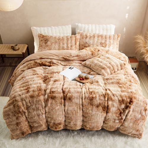 Freyamy Winter Bettwäsche 135x200 2tlg Braun Beige Gestreift,Warm Bettwäsche-Sets Plüsch Langhaar Flauschig,Weich Wendebettwäsche Flanell Winterbettwäsche,Deckenbezug mit Reißverschluss + Kissenbezug