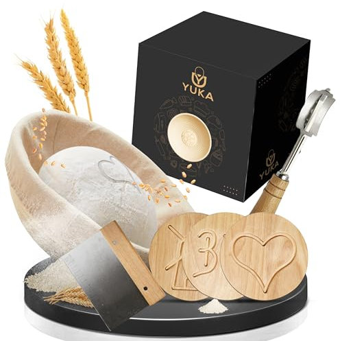 YUKA Profi Gärkörbchen rund für Brot 23cm [NEU] - Gärkorb set mit 3 Brotmuster-Plättchen [inkl. waschbarem Leineneinsatz] - Brotlaib wie von deinem Lieblingsbäcker - Gärkorb