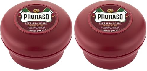 Proraso Shaving Soap inklusive Seifenschale, 150 ml, nährende und feuchtigkeitsspendende Rasierseife für Herren mit Sandelholz & Sheabutter, Made in Italy, Rot (Packung mit 2)