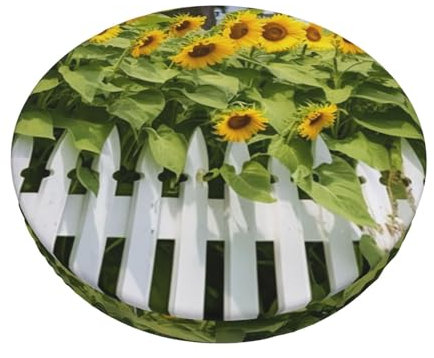 OUSIKA Sunflowers White Picket Fence Stool Covers Round Chair Covers Elastic Stool Cushion Slipcover Washable Bar Stool Seat Covers with Non-Slip Backing & Elastic Band for 12-14 Inch
