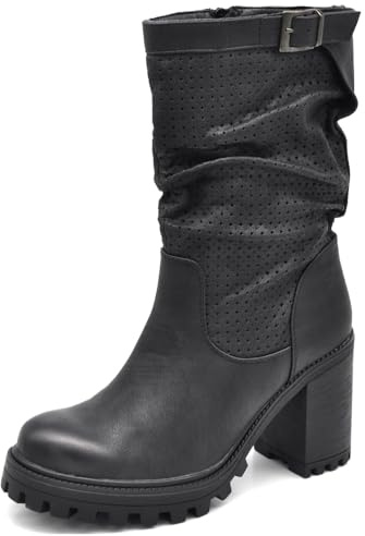 IF FASHION Stivaletti Strivali Tronchetti Aricciati Con Tacco Grosso Plateau Pelle Sintetica Da Donna G675 nero N.39