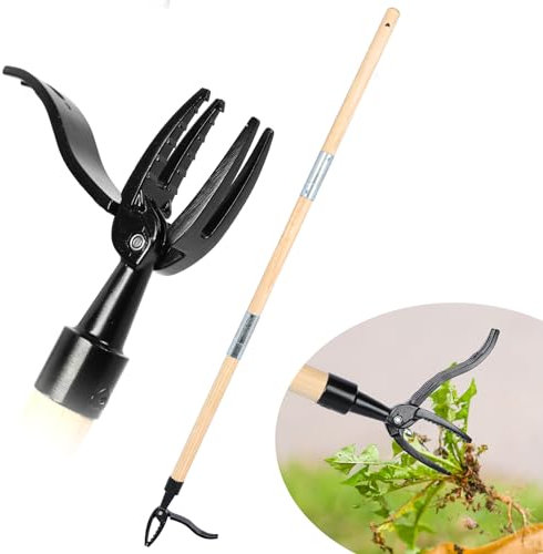Domigard Standing Weeder Tool, Long Wooden Handle Weed Puller, 3-part Detachable Handle Weed Remover Tool, Stand-up Manual Weeder Tool with Metal Weeding 4 Claws Head for Garden & Lawn (112cm/44in)