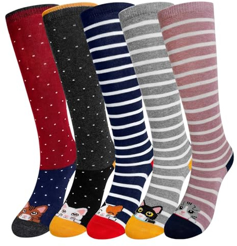 ZFSOCK Chaussette Haute Fille Enfant: Chaussettes Longues au Genou Sans Couture En Coton pour Filles - Chaussettes Rayées Animaux Colorées 2-12 Ans Cadeau Anniversaire Noël 5 Paires Taille 31-34 Chat