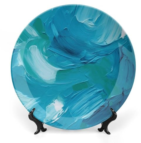 NWTRK Blue Oil Paint Texture Bone China Decorative Plate Ceramic Decorative Plates with Display Stand Handmade Ceramic Ornament Wall Art Decor for Home Kitchen Bedroom 10inch