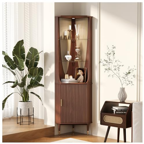 JOINICE 70 Tall Corner Cabinet,Mid Century Modern Cabinet with Doors,Fluted Corner Bar Cabinet with Glass Holder,Lights and Storage Shelves,Wine Bar Cabinet for Liquor, Living Room, Kitchen, Walnut