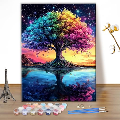MEIYUDA Malen Nach Zahlen Erwachsene Bunter Baum des Lebens, DIY Digitales Ölgemälde-Set auf Leinwand mit Pinseln und Acrylpigment Bastelset, Artwork für Heimdekoration Geschenk 30x40cm(Ohne Rahmen)