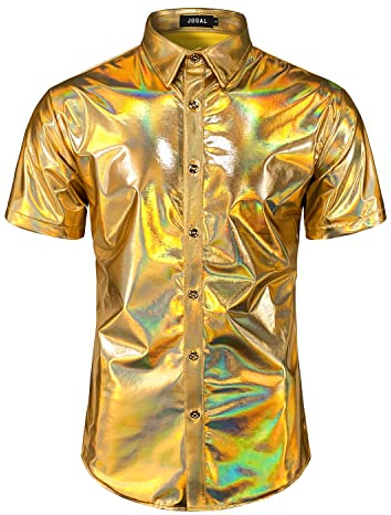 JOGAL Mens 70s Disco Shiny Metallic Short Sleeve Button Down Shirts | Gold, Silver, Nightclub, Theme Party, Suit for Costumes, Cosplay, Casual, DJ, Stage Performance, Halloween, Regular Fit