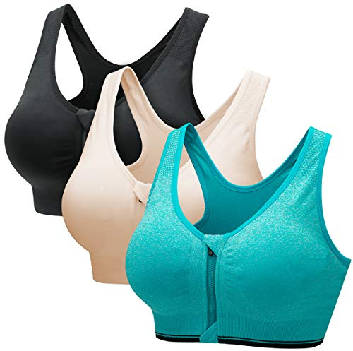 CARETOO Sport-BH för kvinnor, starkt stöd, aktiv bh, höjd, träning, bustier för yoga, fitness – med dragkedja, Svart + ljusblå + beige, 5XL