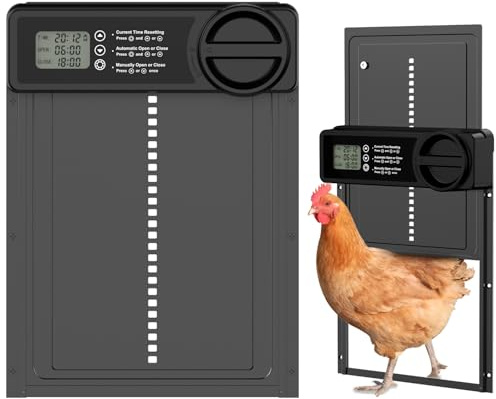 Budsom Puerta automática de gallinero, puerta eléctrica a pilas con temporizador inteligente, sensor antipellizcos, pantalla LCD y recordatorio de batería baja para gallinas, patos, gansos y aves de