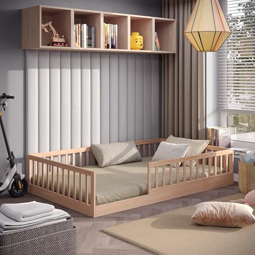 CADANI Timi 2-i-1 golvsäng, 120 x 200 cm, Montessori, barnsäng med avtagbart fallskydd, inklusive ribbotten, furu, massivt trä, natur – 3 byggvarianter, kan belastas upp till 200 kg