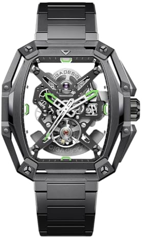 CIGA Design Hunter Montre Automatique Homme Squelette Tonneau Structurel Bracelet Acier Maillon H Effilé Index et Aiguilles Lumineux Verre Saphir Étanche 3 ATM (Anthracite)