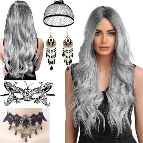 Waziwe Lang Grau Perücke für Damen 68cm Synthetik Fasern Langhaar Perücke mit Haarnetz für Halloween kostüm Damen, Cosplay, Maskerade, Karneval, Weihnachten, Fasching(Grau)