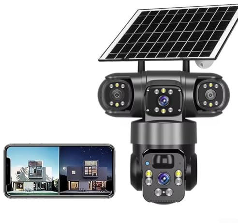 Whychstore Telecamera di sicurezza wireless 4K ad energia solare, con tre lenti, WiFi per esterni, 8000 MA, intelligenza wireless a tre schermi a 360 gradi, per casa o ufficio (nero)