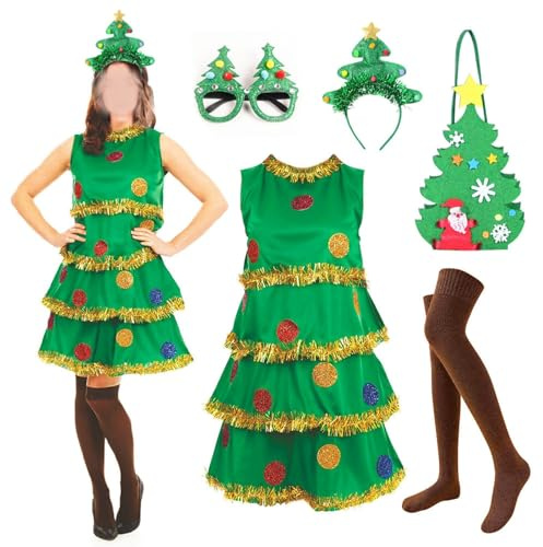 Christmas Tree Costume Adult Womens Dress Outfits 5 Piece Xmas Tree Costume Sparkly Dress + Headband + Glasses + Stockings + Hand Bag (M-L)(Green, L)