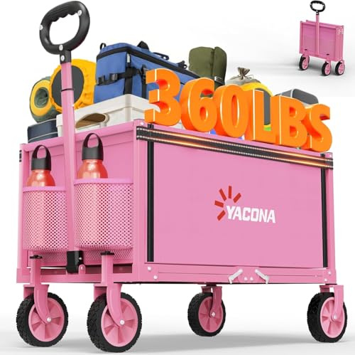 Carrito 3 en 1 Plegable, Carrito Ligero de 163.3 Kg con Ruedas Todo Terreno, Carretilla para Alimentos, Camping, Playa, Jardín y Deporte (Rosa)