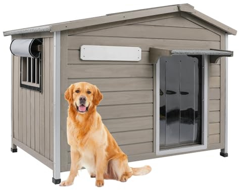 PetsCosset 40.2 L Large Dog House Outdoor & Indoor,Fir Wood Dog Kennel with Weatherproof Openable Asphalt Roof,Spacious Doghouse with Anti-Chewing Metal Edges for Small & Medium & Large Dogs,Grey