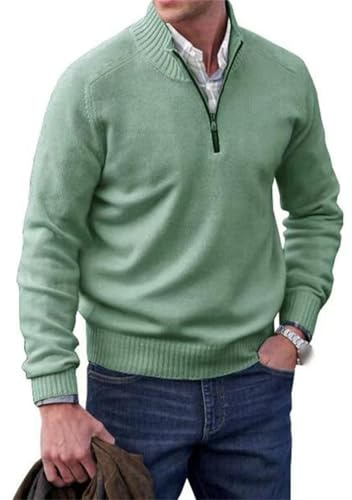 Maglioni da uomo in cashmere a zip, maglione basic casual a maniche lunghe, maglione in maglia con collo a camicia, Verde, XL