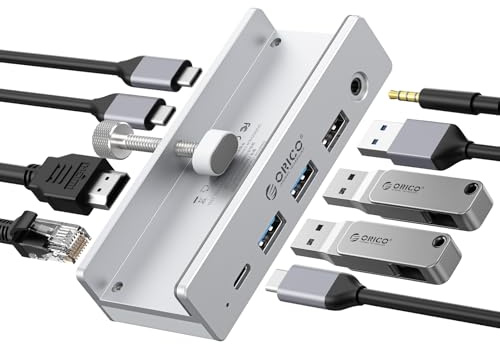 ORICO Estación de Acoplamiento con Clip, Hub USB-C 8 en 1 con HDMI 4K@60Hz, PD 100W, Ethernet Gigabit, 4xUSB, AUX, 10Gbps | para Portátil, MacBook, PC (Adaptador no Incluido)