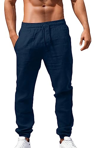 Pantalon Lino Hombre Pantalones Elásticos con Cordones Pantalones de Algodón y Lino Transpirables de Color Liso Pantalones Casual de Verano Pantalones Suaves y Cómodos para Hombre Fitness Gym S-3XL