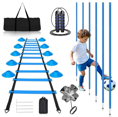 Slalom - Set da allenamento con 6 poli slalom da 6 m, scala di coordinazione, 12 cappelli, corda per saltare e paracadute, per allenamento di coordinazione, slalom
