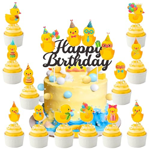 Silars Topper Tarta de Pato Amarillo, 1+12pzs Decoracion Tarta Pato Adornos de Cupcakes para Pasteles DIY para Fiestas de Cumpleaños, Baby Shower
