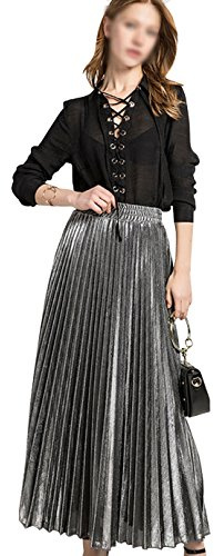LA Haute Women Girls Metallic Pleated Skirt Summer Long Beach Skirt Luster Satin Party Midi Skirt, Silver, M