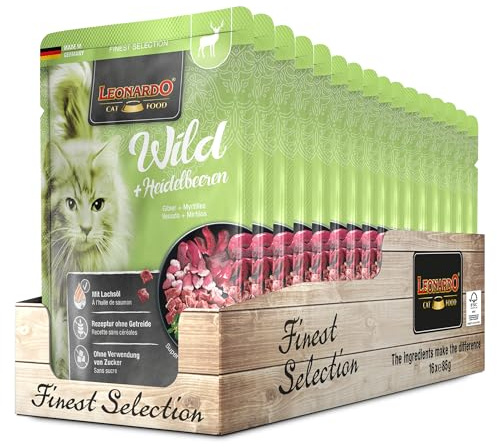 LEONARDO Sachets fraîcheurs [16x85g Gibier + Myrtilles] | Nourriture Humide sans céréales pour Chats | Nourriture Humide complète en Sachet Individuel