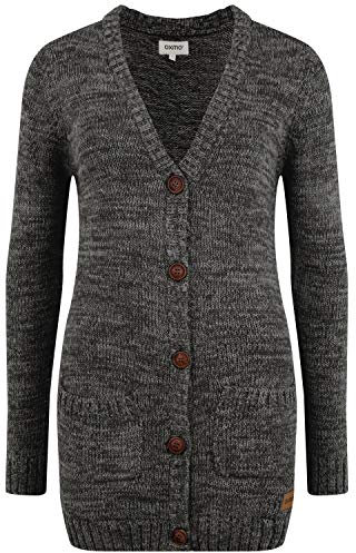 OXMO OXPhilemona Damen Lange Strickjacke Grobstrick Cardigan Longstrickjacke mit aufgesetzten Taschen Knöpfen 100% Baumwolle Regular fit, Größe:L, Farbe:Black (799000)