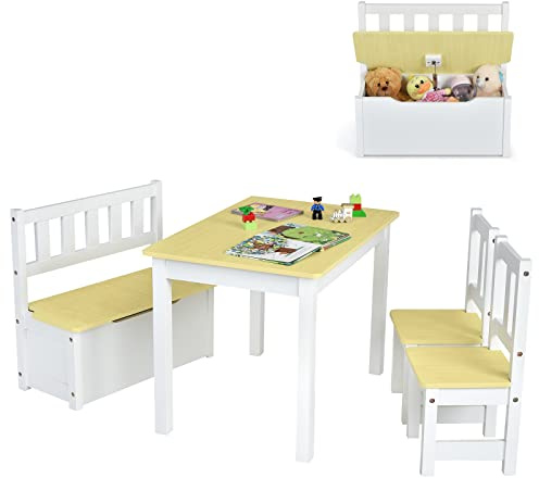COSTWAY Set 4 Pezzi Tavolo e Sedie per Bambini, 2 in 1 Tavolino Attività di Legno per Bambini con 2 Sedie e 1 Panca, per Giocare Disegnare Leggere e Mangiare (Naturale)