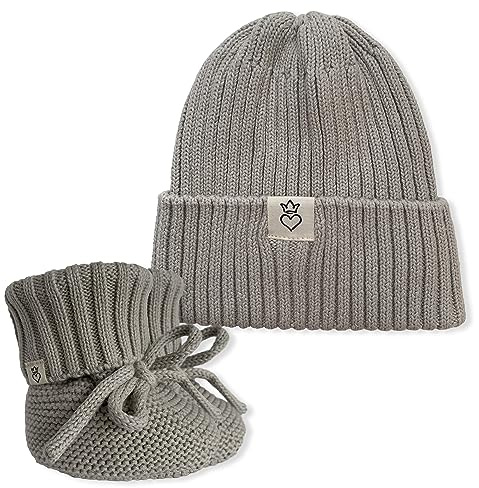 Baby Bonita® Set för nyfödda i 2 delar, stickat set av babymössa och babyskor, perfekt som födelsegåva med tygpåse, 100 % bomull (NEWBORN: 2 delar, grå beige)