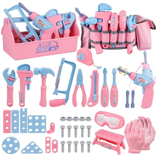 Magic4U Kids Tool Set, 48PCS Pretend Play Tool Toys with Tool Belt, Electric Toy Drill, Construction Tool Box Kit Kids Toys Gift for Girls Age 3 4 5 6 7 8 Years Old
