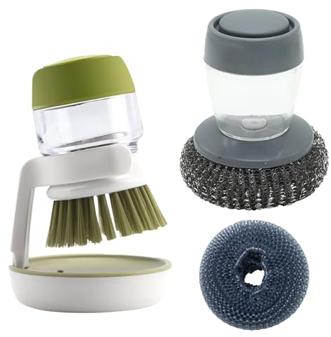 PMELCXD 4 PCS Spülbürste mit Seifenspender, Abwaschbürste, Küchenbürste mit Halterung, Reinigungsbürste für Geschirr, Töpfe und Pfannen