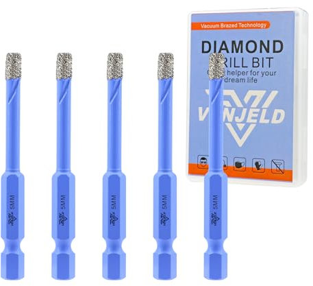 Juego de Brocas Diamante Seco - 5 Piezas 6mm Corona Diamante para Baldosas Porcelana Cerámica Mármol Granito - Vástago Hexagonal de Cambio Rápido con Estuche VENJELD