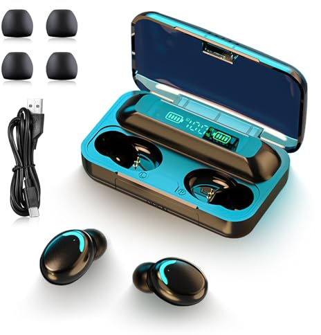 yummici Auriculares Inalámbricos - Bluetooth 5.0 con HD Micrófono Ip7 Impermeable Auriculares Reducción De Ruido Pantalla Led Carga Rápida Negro