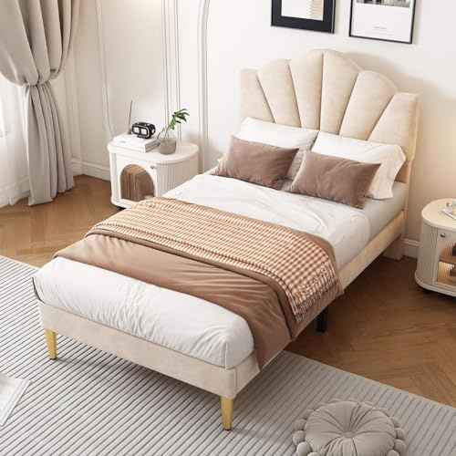 KOMHTOM Lit Rembourré Lit Plateforme avec Tête de Lit Cadre de Lit avec Sommier à Lattes en Bois Modernité Chambres à Coucher(sans Matelas) (Beige, 90x200CM)