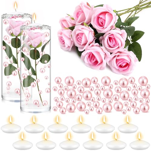 Riceshoot 326 Pcs Floating Flowers Vase Fillers Kit 12 Artificial Rose 12 Floating Candle Centerpieces 300 Pearl 2 Bags Water Gels Flowers Vase Fillers for Wedding Table Centerpiece